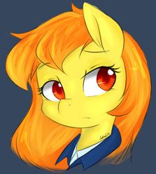 Size: 892x1000 | Tagged: safe, artist:jovalic, character:spitfire, species:pony, alternate hairstyle, blue background, clothing, cute, cutefire, female, mare, portrait, simple background, solo