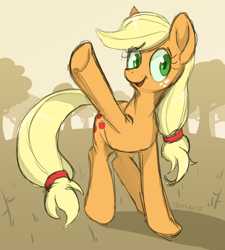 Size: 900x1000 | Tagged: safe, artist:tehflah, character:applejack, female, hatless, missing accessory, solo, waving