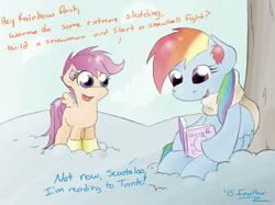 Size: 1067x800 | Tagged: safe, artist:feather, character:rainbow dash, character:scootaloo, species:pegasus, species:pony, episode:tanks for the memories, g4, my little pony: friendship is magic, boots, clothing, reading, scarf, snow, winter