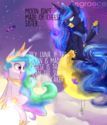 Size: 1080x1261 | Tagged: safe, artist:segraece, character:princess celestia, character:princess luna, character:twilight sparkle, character:twilight sparkle (alicorn), species:alicorn, species:pony, anatomically incorrect, blatant lies, cake, cakelestia, cheese, cloud, eating, edible heavenly object, female, glare, hoof hold, incorrect leg anatomy, lightbulb, mare, moon, open mouth, sitting, smiling, sun, tangible heavenly object