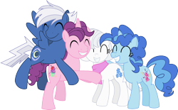Size: 1992x1234 | Tagged: safe, artist:itoruna-the-platypus, character:double diamond, character:night glider, character:party favor, character:sugar belle, species:earth pony, species:pegasus, species:pony, species:unicorn, episode:the cutie map, g4, my little pony: friendship is magic, backwards cutie mark, clothing, equal four, eyes closed, female, flightshade, hug, male, mare, pinata prize, rule 63, scarf, simple background, slalom slopes, stallion, sugar crisp, transparent background