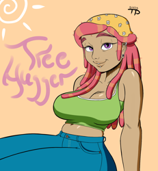 Size: 1200x1300 | Tagged: safe, artist:thethunderpony, character:tree hugger, species:human, episode:make new friends but keep discord, g4, my little pony: friendship is magic, bedroom eyes, big breasts, breasts, busty tree hugger, cleavage, clothing, dark skin, earring, female, humanized, jeans, midriff, pants, piercing, solo