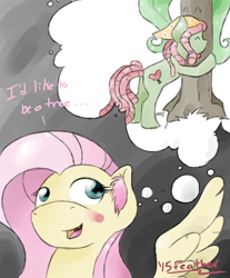 Size: 800x968 | Tagged: safe, artist:feather, character:fluttershy, character:tree hugger, ship:flutterhugger, episode:make new friends but keep discord, g4, my little pony: friendship is magic, ear fluff, female, fluttertree, lesbian, literal, name pun, shipping, tree hugger hugging a tree