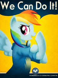 Size: 500x667 | Tagged: safe, artist:steveholt, character:rainbow dash, species:pegasus, species:pony, female, hooves, lineless, mare, open mouth, parody, poster, propaganda, rosie the riveter, smiling, solo, spread wings, text, wings