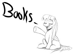 Size: 1000x750 | Tagged: safe, artist:thethunderpony, character:rainbow dash, episode:the lost treasure of griffonstone, g4, my little pony: friendship is magic, blank flank, book, female, manebow sparkle, monochrome, one word, open mouth, sketch, solo