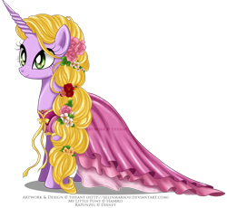 Size: 1194x1100 | Tagged: safe, artist:tiffanymarsou, clothing, dress, flower in hair, ponified, rapunzel, simple background, smiling, solo, tangled (disney), transparent background