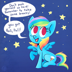 Size: 600x600 | Tagged: dead source, safe, artist:steveholt, character:rainbow dash, species:pegasus, species:pony, abstract background, dialogue, female, mare, motivational, open mouth, positive message, positive ponies, signature, sitting, solo, speech bubble, stars