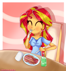 Size: 1400x1500 | Tagged: safe, artist:vixelzf, character:sunset shimmer, my little pony:equestria girls, bacon, bacon hair, cute, eating, female, happy, smiling, solo