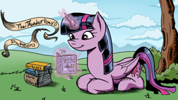 Size: 714x402 | Tagged: safe, artist:thethunderpony, character:twilight sparkle, character:twilight sparkle (alicorn), species:alicorn, species:pony, banner, book, female, mare, outdoors, patreon, reading, smiling, solo