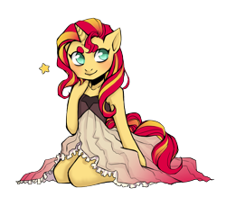 Size: 2703x2364 | Tagged: safe, artist:mscootaloo, character:sunset shimmer, species:anthro, species:pony, species:unicorn, bare shoulders, clothing, cute, dress, female, high res, kneeling, mare, no pupils, shimmerbetes, simple background, sitting, solo, stars, transparent background