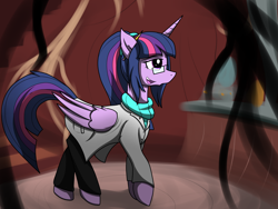 Size: 4000x3000 | Tagged: safe, artist:dazed-and-wandering, character:twilight sparkle, character:twilight sparkle (scitwi), species:alicorn, species:pony, my little pony:equestria girls, alternate hairstyle, clothing, equestria girls ponified, female, glasses, lab coat, pencil, ponified, ponified humanized pony, ponytail, scitwilicorn, solo, sweater, turtleneck