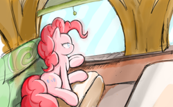 Size: 1036x642 | Tagged: safe, artist:fromamida, character:pinkie pie, species:earth pony, species:pony, episode:party pooped, g4, my little pony: friendship is magic, female, friendship express, mare, sitting, solo, window