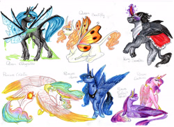 Size: 6876x5000 | Tagged: safe, artist:dawn22eagle, character:king sombra, character:princess cadance, character:princess celestia, character:princess luna, character:queen chrysalis, character:twilight sparkle, character:twilight sparkle (alicorn), oc, oc:queen beautifly, species:alicorn, species:changeling, species:classical unicorn, species:flutter pony, species:pony, absurd resolution, alicornified, changeling queen, changeling queen oc, changeling slime, colored wings, female, headcanon, height difference, leonine tail, male, mare, paws, queen, race swap, slime, sombracorn, stallion, tail feathers