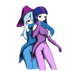 Size: 1134x1208 | Tagged: safe, artist:gunslingerpen, character:trixie, character:twilight sparkle, species:human, ship:twixie, clothing, evening gloves, female, gloves, humanized, lesbian, shipping