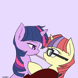 Size: 1000x1000 | Tagged: safe, artist:thattagen, character:moondancer, character:twilight sparkle, species:pony, species:unicorn, ship:twidancer, episode:amending fences, g4, my little pony: friendship is magic, blushing, clothing, female, glasses, lesbian, mare, pocky, pocky game, shipping, simple background