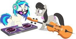 Size: 11700x6000 | Tagged: safe, artist:caliazian, character:dj pon-3, character:octavia melody, character:vinyl scratch, species:earth pony, species:pony, species:unicorn, episode:slice of life, g4, my little pony: friendship is magic, absurd resolution, background pony, bow tie, cello, cutie mark, duo, female, headphones, hooves, horn, mare, mixing console, musical instrument, open mouth, simple background, sunglasses, transparent background, vector