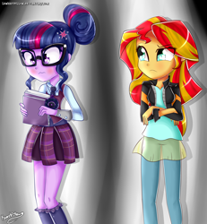 Size: 2500x2700 | Tagged: safe, artist:vixelzf, character:sunset shimmer, character:twilight sparkle, character:twilight sparkle (scitwi), species:eqg human, equestria girls:friendship games, g4, my little pony: equestria girls, my little pony:equestria girls, amulet, book, clothing, crystal prep academy uniform, female, glasses, magic capture device, school uniform