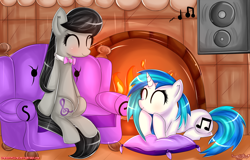 Size: 2164x1387 | Tagged: safe, artist:vixelzf, character:dj pon-3, character:octavia melody, character:vinyl scratch, blushing, chair, couch, cute, eyes closed, fireplace, music, music notes, pillow, sitting, smiling, speakers, subwoofer