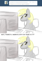 Size: 800x1174 | Tagged: safe, artist:feather, character:derpy hooves, species:pegasus, species:pony, derpibooru, ask, chair, comic, computer, derpy hooves tech support, female, mare, mousepad, office chair, simple background, sitting, solo, tumblr, white background, wings