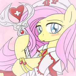 Size: 1000x1000 | Tagged: safe, artist:thattagen, character:fluttershy, blushing, cap, clothing, cute, female, hat, healer, nurse, shyabetes, solo, staff