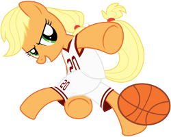 Size: 7500x6000 | Tagged: safe, artist:caliazian, character:applejack, absurd resolution, ball, basketball, clothing, female, freckles, jersey, simple background, solo, sports, transparent background, vector