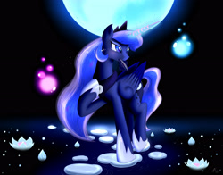 Size: 3500x2750 | Tagged: safe, artist:bludraconoid, character:princess luna, card, crying, female, flower, magic, moon, solo