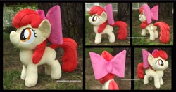 Size: 3330x1754 | Tagged: safe, artist:peruserofpieces, character:apple bloom, species:earth pony, species:pony, accessory, bow, female, filly, from behind, happy, irl, photo, plushie, profile, ribbon, smiling, solo