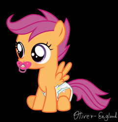 Size: 822x854 | Tagged: dead source, safe, artist:oliver-england, character:scootaloo, species:pegasus, species:pony, cute, cutealoo, diaper, female, pacifier, solo