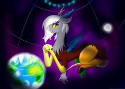 Size: 1057x755 | Tagged: safe, artist:bludraconoid, character:discord, oc:eris, earth, moon, rule 63, solo