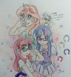 Size: 800x866 | Tagged: safe, artist:fallenangel5414, character:moondancer, character:sunset shimmer, character:trixie, character:twilight sparkle, species:human, counterparts, glasses, horned humanization, humanized, magical quartet, traditional art, twilight's counterparts