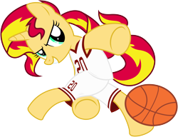 Size: 7300x5614 | Tagged: safe, artist:caliazian, character:sunset shimmer, species:pony, species:unicorn, my little pony:equestria girls, absurd resolution, ball, basketball, clothing, female, jersey, solo, sports