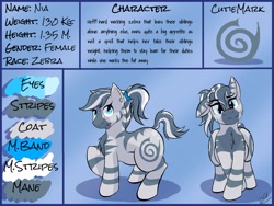 Size: 1030x776 | Tagged: source needed, useless source url, safe, artist:kassc, oc, oc only, oc:nia, species:zebra, both cutie marks, chest fluff, chubby, cutie mark, fat, forelegs crossed, front view butt, hairband, ponytail, reference sheet, solo, tongue out, wide hips
