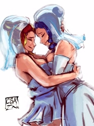 Size: 2179x2936 | Tagged: safe, artist:checkerboardazn, character:rarity, character:sunset shimmer, species:human, ship:sunsarity, breasts, bride, busty rarity, busty sunset shimmer, clothing, dress, female, happy, humanized, lesbian, love, marriage, shipping, simple background, smiling, symmetrical docking, wedding, wedding dress