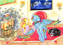 Size: 6000x4276 | Tagged: safe, artist:dawn22eagle, character:applejack, character:rainbow dash, species:dog, ship:appledash, absurd resolution, armchair, candle, carpet, cigar, crossover, female, fireplace, hatless, hooves, jane eyre, lesbian, missing accessory, mr rochester, painting, rainbow feathers, shipping, tail feathers, wings