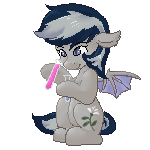 Size: 150x150 | Tagged: safe, artist:rue-willings, oc, oc only, oc:daturea eventide, species:bat pony, species:pony, animated, female, mare, pixel art, potion, simple background, sitting, solo, surprised, transparent background, vial