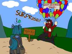 Size: 1600x1200 | Tagged: safe, artist:kassc, oc, oc only, oc:losian, oc:synch, species:changeling, species:earth pony, species:pony, balloon, cliff, cloud, cloudy, colorful, emoticon, exclamation point, fulton surface-to-air recovery system, happy, happy birthday, heart, hill, lonch, male, rear view, sign, sky, stallion, strings, unshorn fetlocks