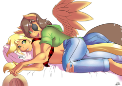 Size: 1900x1344 | Tagged: safe, artist:the-unicorn-lord, character:applejack, oc, oc:whiskey drops, species:anthro, species:earth pony, species:pegasus, anthro oc, applebucking thighs, bed, belly button, canon x oc, clothing, cowboy hat, cuddling, dialogue, eyepatch, female, hat, holding hands, jeans, looking at each other, love, lying down, male, mare, married, midriff, on bed, pegasus oc, pillow, shipping, signature, snuggling, speech bubble, spread wings, stallion, stetson, text, wings