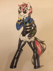 Size: 960x1280 | Tagged: safe, artist:azure-doodle, oc, oc only, oc:blackjack, species:pony, species:unicorn, fallout equestria, fallout equestria: project horizons, bipedal, bottle, cyborg, fanfic, fanfic art, female, hooves, horn, mare, semi-anthro, signature, smiling, solo, sunglasses, teeth, traditional art
