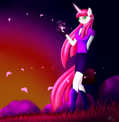 Size: 2000x2048 | Tagged: safe, artist:bludraconoid, character:lovestruck, species:anthro, earring, female, magic, piercing, solo, sunset