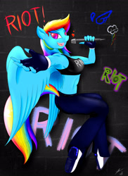 Size: 1870x2573 | Tagged: safe, artist:bludraconoid, character:rainbow dash, species:anthro, armpits, breasts, busty rainbow dash, clothing, female, fingerless gloves, gloves, graffiti, microphone, midriff, pants, solo, sports bra