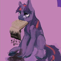 Size: 1208x1208 | Tagged: safe, artist:erijt, character:twilight sparkle, book, burnt, female, glasses, mouth hold, solo
