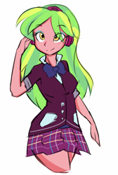 Size: 538x800 | Tagged: safe, artist:jovalic, character:lemon zest, equestria girls:friendship games, g4, my little pony: equestria girls, my little pony:equestria girls, bow tie, clothing, cute, female, headphones, looking at you, school uniform, simple background, skirt, smiling, solo, white background, zestabetes