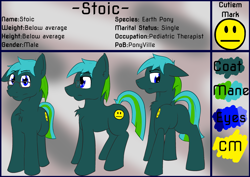 Size: 3035x2149 | Tagged: safe, artist:kassc, oc, oc only, oc:stoic, species:earth pony, species:pony, glasses, male, plot, reference sheet, solo, stallion, unamused