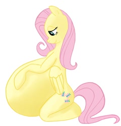 Size: 700x728 | Tagged: safe, artist:putinforgod, character:fluttershy, anatomically incorrect, female, impossibly large belly, incorrect leg anatomy, pregnant, pregshy, sitting, solo