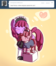 Size: 768x900 | Tagged: safe, artist:haute-claire, character:berry punch, character:berryshine, character:ruby pinch, ask ruby pinch, berrybetes, clothing, cute, female, filly, maid, pinchybetes