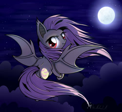 Size: 1024x945 | Tagged: safe, artist:wavecipher, character:flutterbat, character:fluttershy, species:bat pony, species:pony, female, looking back, night, red eyes, solo