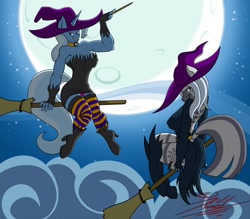 Size: 1280x1121 | Tagged: safe, artist:killkatt, character:trixie, character:zecora, species:anthro, species:unguligrade anthro, species:zebra, armpits, broom, clothing, cloud, crossed legs, flying, flying broomstick, full moon, halloween, hat, looking back, moon, night, night sky, nightmare night, panties, socks, underwear, wand, witch, witch hat