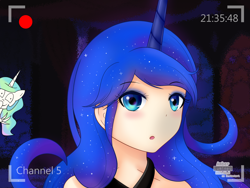 Size: 2000x1500 | Tagged: safe, artist:vanillafox2035, character:princess celestia, character:princess luna, species:human, blushing, clothing, female, horned humanization, humanized, open mouth, recording, signature, solo, trollestia, webcam