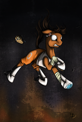 Size: 618x920 | Tagged: safe, artist:28gooddays, chell, clothing, earpiece, falling, floppy ears, food, glados, gritted teeth, hoof boots, long fall horseshoe, ponified, portal (valve), portal 2, portal gun, potato, solo