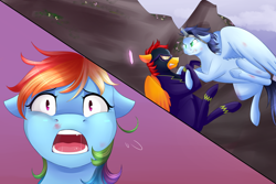 Size: 1024x683 | Tagged: safe, artist:chiweee, character:rainbow dash, character:soarin', oc, oc:rapidfire, species:pony, fanfic:piercing the heavens, bruised, clothing, commission, costume, drool, eye contact, fake horn, fight, floppy ears, glare, glowing eyes, glowing horn, gritted teeth, injured, open mouth, screaming, shadowbolts, shadowbolts costume, split screen, underhoof, wide eyes, wonderbolts